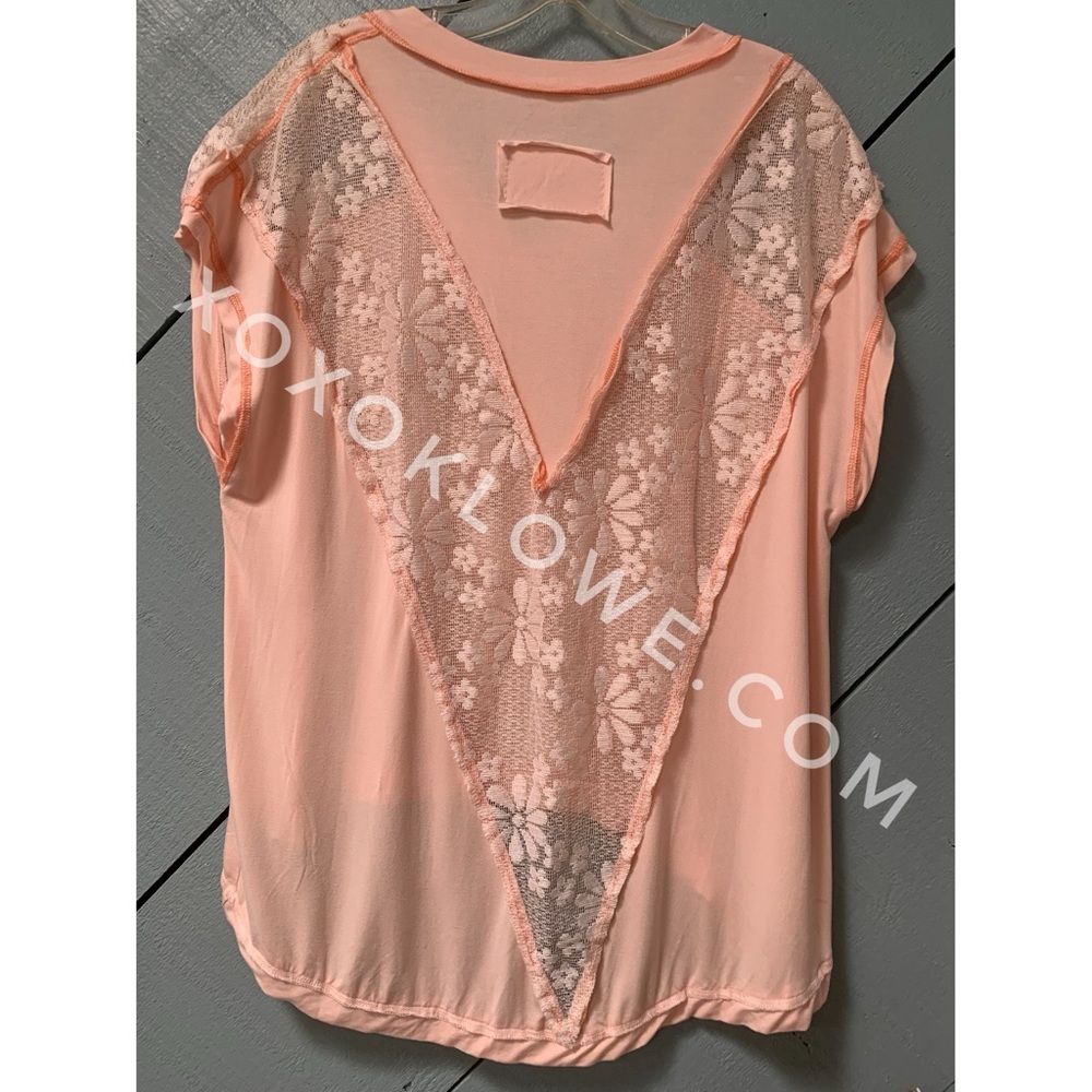 POL Pink Peach Rayon Jersey + Floral Lace Short Sleeve Top Oversized - Picture 15 of 16